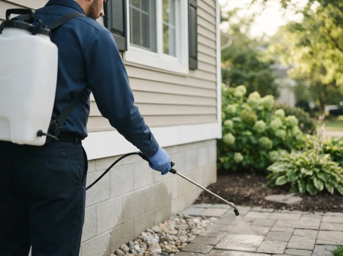 Pest control technician inspecting a home in Port Byron, IL